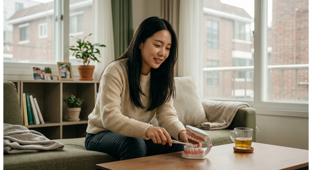 임플란트 틀니 구조와 시술 계획을 설명하는 치과 진료실
