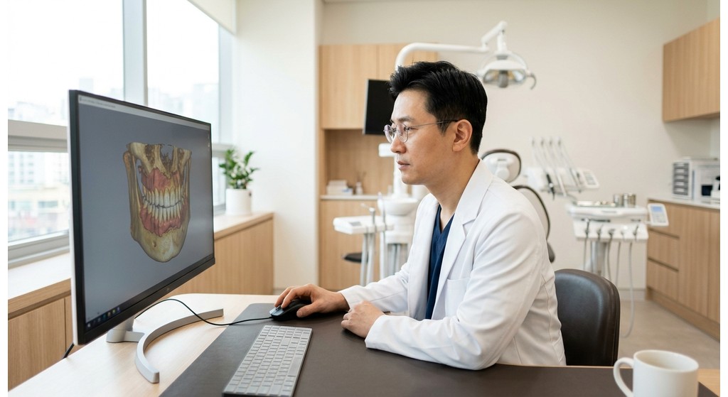 3D 치아 스캔 영상 자료를 확인하며 진료 계획을 점검하는 치과 진료실